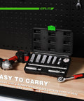 10 Piece Three Eighth Inch Drive Magnetic Spark Plug Socket Set With Swivel Head And Universal Joint Includes Nine Sixteenths, Five Eighths, Three Quarters, Thirteen Sixteenths, 14mm, 16mm, 18mm Chrome Vanadium Sockets in case, with tools on workbench.