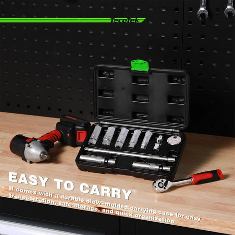 10 Piece Three Eighth Inch Drive Magnetic Spark Plug Socket Set With Swivel Head And Universal Joint Includes Nine Sixteenths, Five Eighths, Three Quarters, Thirteen Sixteenths, 14mm, 16mm, 18mm Chrome Vanadium Sockets in case, with tools on workbench.
