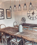 Dining room with Six Light Wood Pendant Light for Kitchen Island With Industrial Black Metal Cage Shades Farmhouse Linear Flush Mount Chandelier