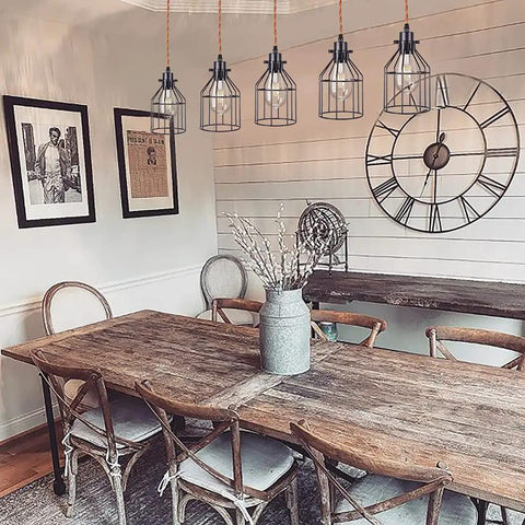 Dining room with Six Light Wood Pendant Light for Kitchen Island With Industrial Black Metal Cage Shades Farmhouse Linear Flush Mount Chandelier