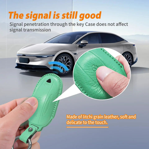 Premium Genuine Leather Key Fob Cover For Tesla Model X with litchi grain leather, showing soft texture and signal transmission.