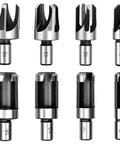 Premium Eight Piece Wood Plug Cutter Drill Bit Set One Quarter Three Eighths Five Eighths Half Inch Steel Boring Tool for Furniture and DIY Work shown from the front, featuring eight steel drill bits in various sizes.