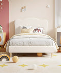 Super Chill Ultra Tough Twin Bed Frame For Kids Room Totally Comfy Berber Fleece Upholstery High Density Sponge Pad Easy Setup Low Rise Platform With Cool Beige in cozy kids bedroom.