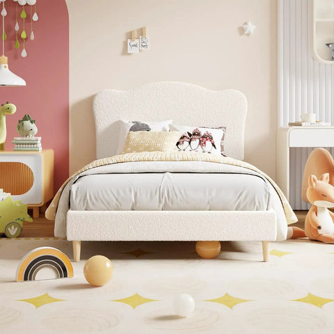 Super Chill Ultra Tough Twin Bed Frame For Kids Room Totally Comfy Berber Fleece Upholstery High Density Sponge Pad Easy Setup Low Rise Platform With Cool Beige in cozy kids bedroom.