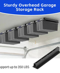 Six Pack Overhead Storage Rack For Garage Ceilings with five bins installed, heavy duty ceiling rack for most containers.