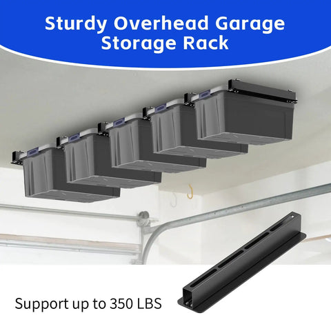 Six Pack Overhead Storage Rack For Garage Ceilings with five bins installed, heavy duty ceiling rack for most containers.