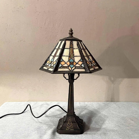 Mission Style Table Lamp With Tiffany Stained Glass Night Light Hexagonal Cone Lampshade 10 Inch Wide By 16 Inch Tall LED Bulb Included