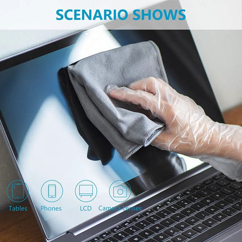 Hand cleaning laptop screen with Eight Pack Microfiber Screen Cleaning Cloths, Double-Sided Suede Wipes for Electronics, Grey