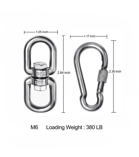 Badass Heavy Duty 304 Stainless Steel Double Ended Swivel Eye Hook With Rust Proof Snap Hooks For Tree Swing and Spinner Hanger with dimensions