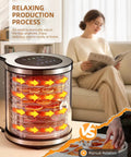 No Fuss Big Batch Stainless Steel Food Dehydrator With 10 Removable Racks And True 360 Rotating Drum shown with drying fruits and a user reading.