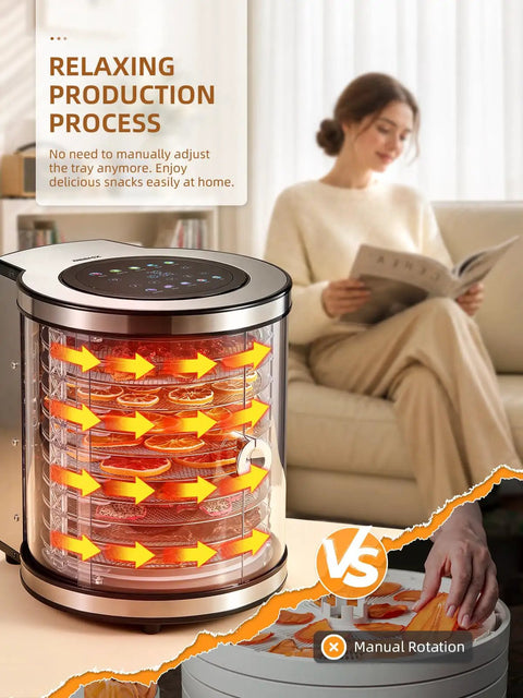 No Fuss Big Batch Stainless Steel Food Dehydrator With 10 Removable Racks And True 360 Rotating Drum shown with drying fruits and a user reading.