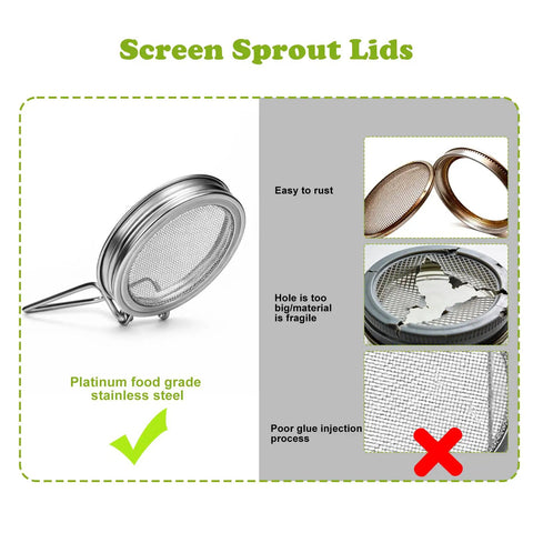 Two In One Sprouting Jar Lid for Wide Mouth Mason Jars Reusable Stainless Steel Screen Sprout Kit for Alfalfa Broccoli Mung Bean and Other Bean Sprouts Germination Accessory Fits 3.74 Inch Jars 2 Pack
