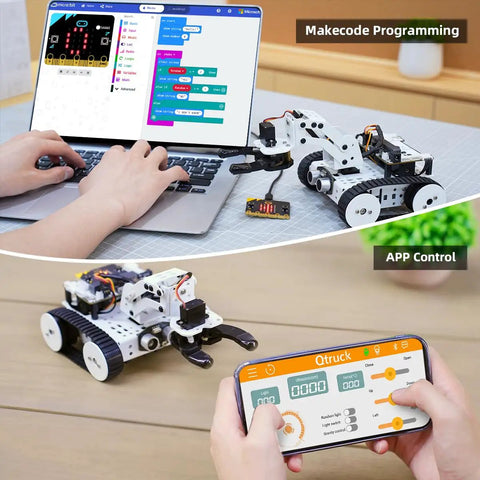 4 In 1 Smart Robot Car Kit With Microbit V2 For STEM Learning, Transformable Tank Robot, Graphical MakeCode And Python Coding on laptop and phone