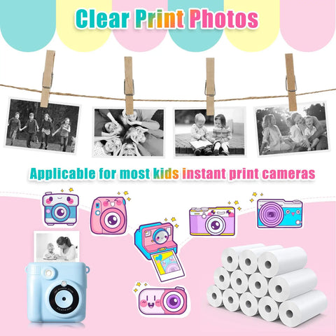 12 Rolls Instant Print Paper for Kids Cameras Refill Thermal Photo Paper Rolls 2.2 in by 20 ft, white rolls shown with kids camera