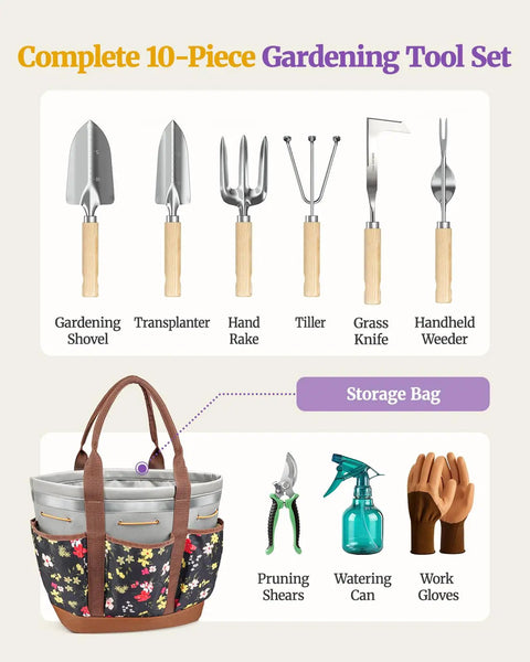 10-Piece Garden Tool Set With Pro-Grade Stainless Steel Rust-Proof Tools Ergonomic Wood Handles Reinforced Organizer Bag