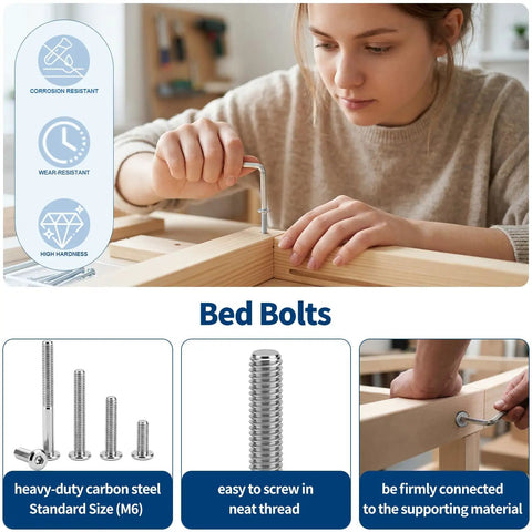 Person using hex key with Must Have 121 Piece Furniture Hardware Kit With Cam Lock Fasteners, bed bolts shown.