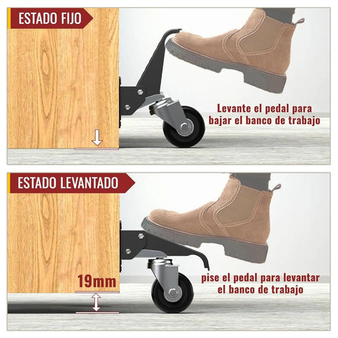 Heavy Duty Retractable Workbench Caster Wheel Set Solid Steel Frame With Durable Polyurethane Rollers in use, showing fixed and lifted states.