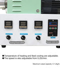 Control panel of Pro Grade Single Screw Filament Extruder with adjustable heating, cooling, and speed settings.