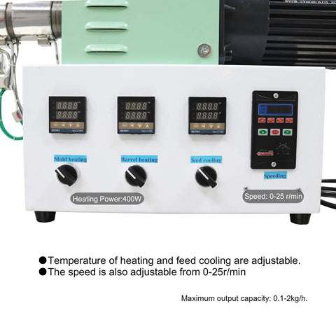 Control panel of Pro Grade Single Screw Filament Extruder with adjustable heating, cooling, and speed settings.