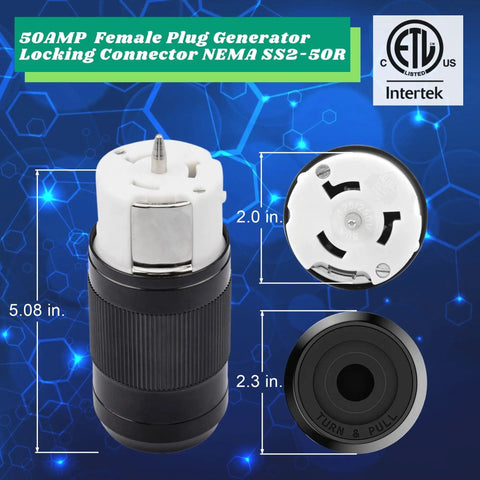Top Shelf 50 Amp Generator Connector NEMA SS2-50R RV Shore Power Inlet Plug close-up view with dimensions shown.