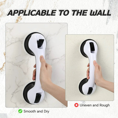 Hand holding 4 Pack 12 Inch Shower Grab Bars For Bathtub Safety With Dual Suction Cups No Slip Handles In Black And Gray on smooth wall
