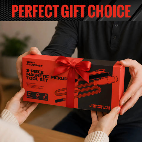 Gift-wrapped Three Piece Telescoping Magnetic Pickup Tool Set With Sixteen Pound Heavy Duty Lift, presented in hands.