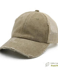Product image of Womens Ponytail Cap With Dual High And Low Openings For Messy Buns And Thick Hair Distressed Washed Dad Hat Unconstructed Trucker Style Light Khaki Color For Workouts Outdoor Activities And Casual Everyday Use displaying front angle.
