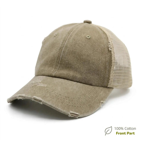 Product image of Womens Ponytail Cap With Dual High And Low Openings For Messy Buns And Thick Hair Distressed Washed Dad Hat Unconstructed Trucker Style Light Khaki Color For Workouts Outdoor Activities And Casual Everyday Use displaying front angle.