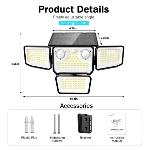 Rugged Four Head Solar Security Lights With Smart Dual Motion Sensors And Waterproof Shell For Backyards Driveways Garages, Kicks On Instantly To Slash Blind Spots And Serve Razor Sharp Daylight Glow, Includes Two Pack