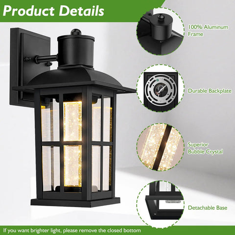 Crystal Bubble Glass Outdoor Wall Lanterns 2 Pack, Cool Modern Waterproof Sconces featuring durable aluminum frame and bubble crystal