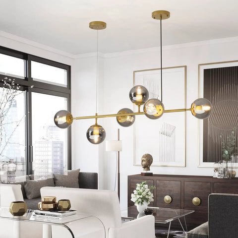 Modern Gold Pendant Lighting With Smoke Gray Glass Globes Adjustable 6-Light Hanging Ceiling Fixture For Living Room Dining Room Kitchen And Bedroom With A Soft Glow For A Cozy Vibe.