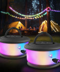 Two Pack Rechargeable Camping String Lights 32.8ft With 19 Lighting Modes illuminating a tent campsite at night