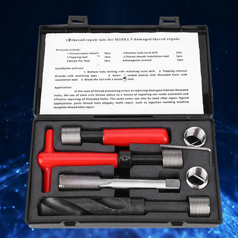 10 Piece Thread Repair Kit M18x1.5 Stainless Steel Insertion Tool Set with Thread Inserts, Tap, Breaker, Hex Wrench, and Case