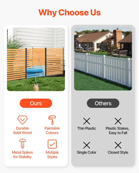 Comparison of wood privacy fence screen for outdoor AC unit and trash can versus plastic fence, highlighting durability and style differences