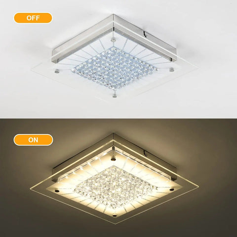 11 Inch LED Ceiling Light Fixture Flush Mount with Crystal Design, off and glowing soft white illumination in two views.