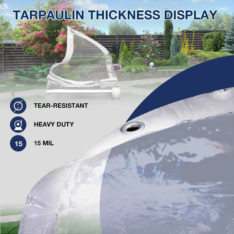 Clear Vinyl Tarp 10x10 Heavy Duty 15oz Waterproof Tarpaulin Transparent PVC With Reinforced Edges And Aluminum Eyelets For Outdoor Use Weatherproof From Minus Five Fahrenheit To One Hundred Forty Fahrenheit showing its tear-resistant thickness and aluminum eyelet detail in a garden setting.