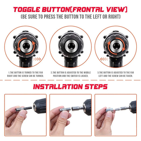 Cordless Hammer Drill Kit With 16.8V Power, 3/8 Inch Keyless Chuck, toggle button instructions and installation steps