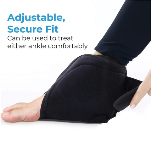 Hot And Cold Ankle Brace With Air Compression Gel Ice Pack For Ankle Pain Achilles Tendonitis Bursitis And Swelling Relief shown on foot