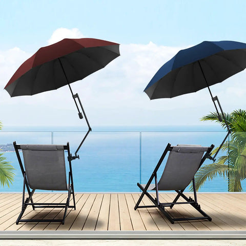 Portable UPF 50 Plus Beach Umbrella With Adjustable Universal Clamp on chairs by ocean view, lightweight and windproof design