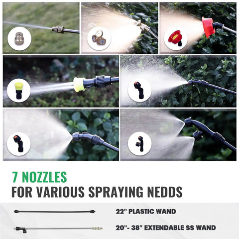 Selection of seven nozzles demonstrating various spraying patterns for 3 Gallon Backpack Sprayer Battery Powered With 18V Compatibility.