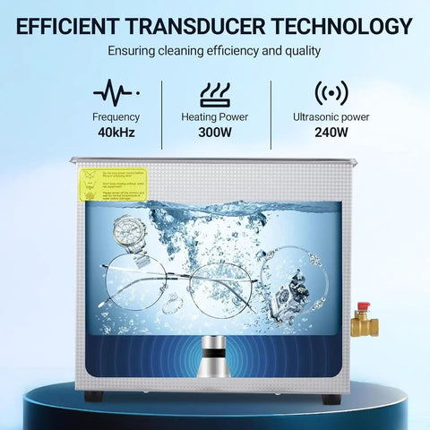 Straight Up Heavy Duty Ultrasonic Cleaner With Heated Tank And Digital Timer showing glasses and watch in water for cleaning efficiency.