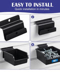 Easy installation steps for slatwall bins with hooks, showcasing mounting and loaded bin with screws.