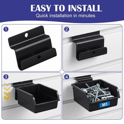 Easy installation steps for slatwall bins with hooks, showcasing mounting and loaded bin with screws.