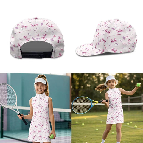 Girl in pink girls athletic dress with UPF 50 plus sun shield, matching bow hat, holding a tennis racket and ball, sleeveless outfit.