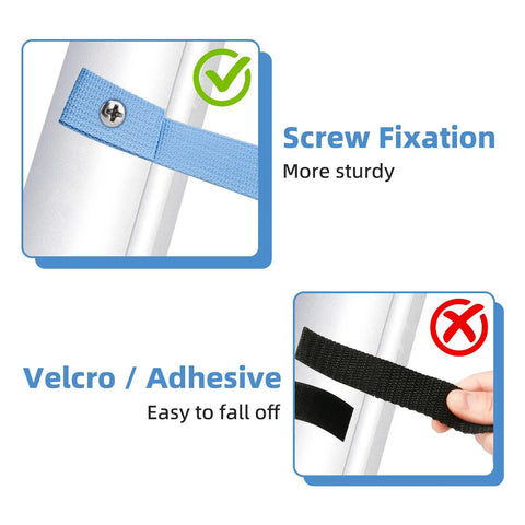 Image comparing screw fixation and velcro for Heavy Duty Pool Solar Cover Reel Straps Rock Solid Buckle Plates.