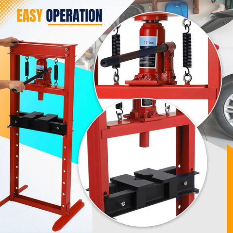 Heavy Duty 12 Ton H Frame Hydraulic Shop Press For Garage Floor Use, Adjustable Pressure With Plates, Red Finish