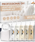No Sweat Professional Leather And Vinyl Repair Kit For Seamlessly Blending White Cream And Light Gray Color Shades Onto Sofas Home Couches Car Boat And Bags, featuring six dye bottles and tools.