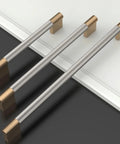 Three 10 Pack Five Inch Knurled Cabinet Pulls In Brushed Satin Nickel And Champagne Bronze for kitchen cabinets displayed on a surface