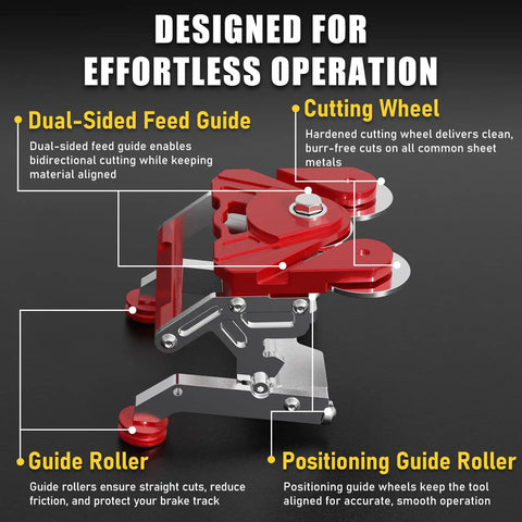 Bidirectional Cut Off Tool For Quick Left Or Right Cuts Heavy Duty Pro Grade Cutter That Slashes Through Materials Fast A Real Workhorse Compatible With Van Mark And Tapco Brakes Ideal For Roofing Siding Metal Tile Work. Red metal cut off tool with dual-sided feed guide and cutting wheels