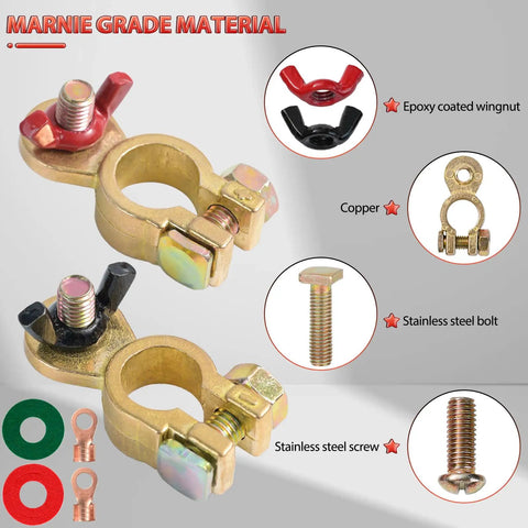 Pair Of Solid Brass Marine Battery Terminal Connectors Top Post For 12V 24V Vehicles Boats Cars RVs Pure Copper Clamp